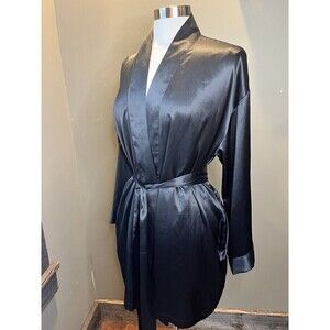Victoria Secret Black Satin Lingerie Robe One Size